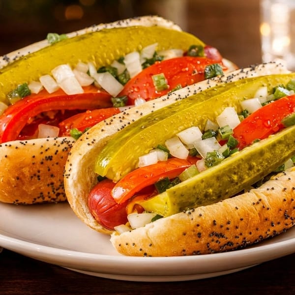 Two Chicago-style hot dogs with poppy seed buns, pickles, tomatoes, onions, and relish.