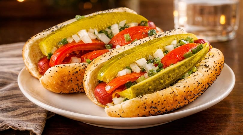 Two Chicago-style hot dogs with poppy seed buns, pickles, tomatoes, onions, and relish on a white plate.