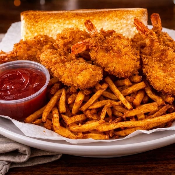 Crispy fried shrimp and french fries with a side of ketchup and toasted bread on a white plate.