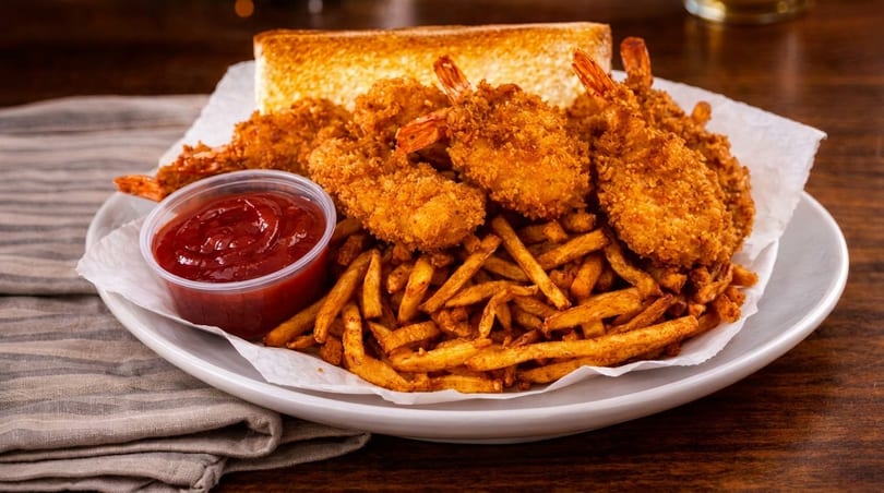 Crispy fried shrimp and french fries with a side of ketchup and toasted bread on a white plate.