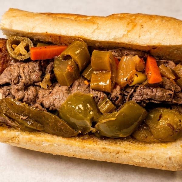 A large Italian beef sandwich with giardiniera and a side of fried meatballs.