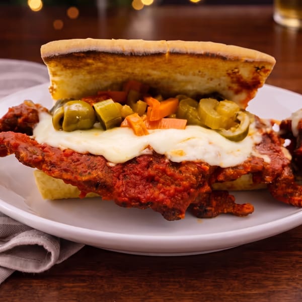 A meatball sub with melted cheese, red sauce, and pickled vegetables on a white plate.