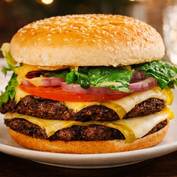 Double cheeseburger with lettuce, tomato, onion, and sesame seed bun on a white plate.