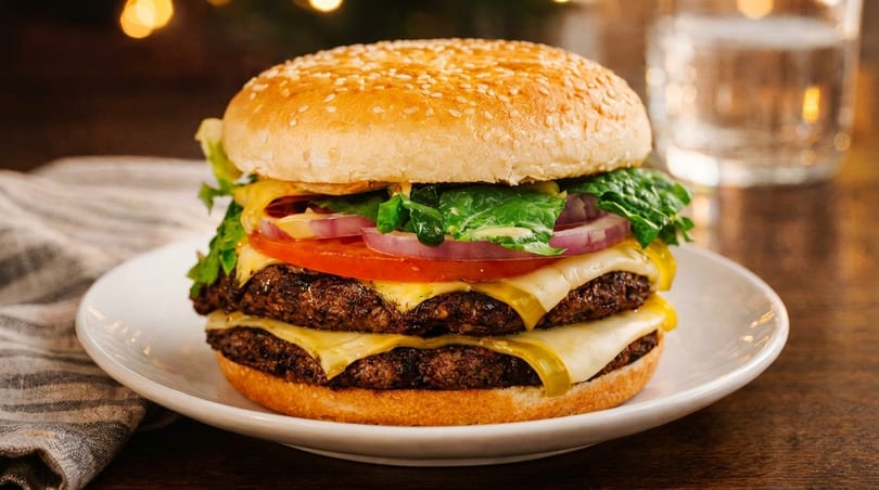 Double cheeseburger with lettuce, tomato, onion, and sesame seed bun on a white plate.