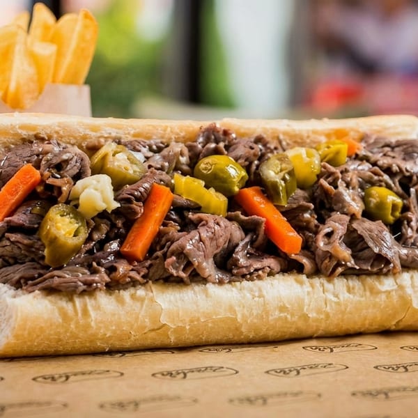 A large Italian beef sandwich with giardiniera and a side of crinkle-cut fries.