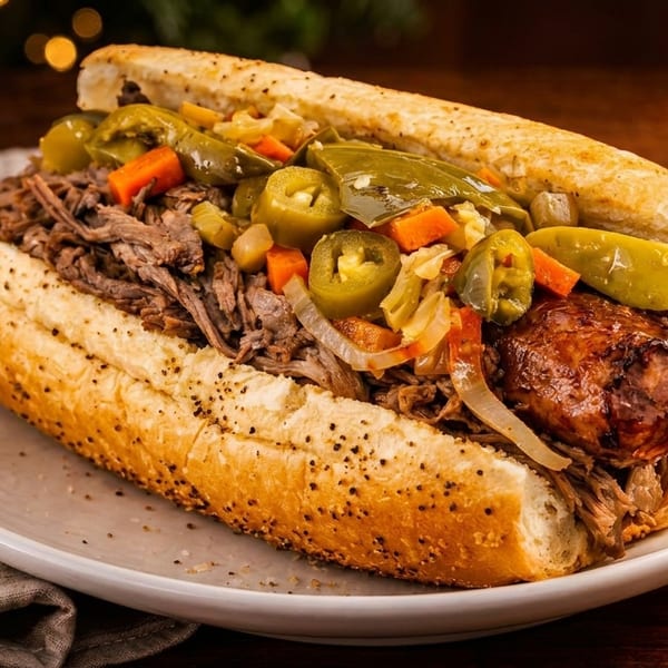 A hearty Italian beef sandwich with giardiniera and a sausage link on a white plate.